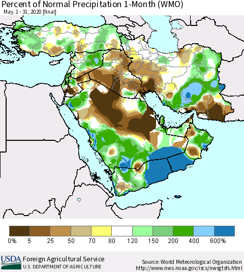 Middle East and Turkey Percent of Normal Precipitation 1-Month (WMO) Thematic Map For 5/1/2020 - 5/31/2020