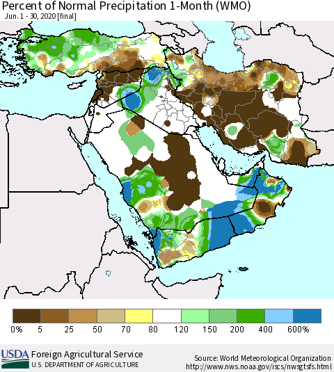 Middle East and Turkey Percent of Normal Precipitation 1-Month (WMO) Thematic Map For 6/1/2020 - 6/30/2020