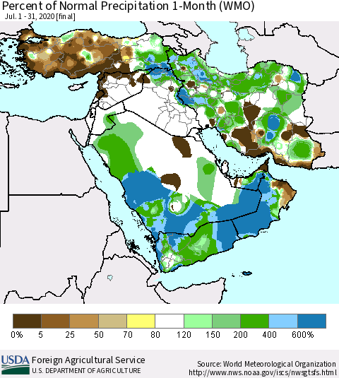 Middle East and Turkey Percent of Normal Precipitation 1-Month (WMO) Thematic Map For 7/1/2020 - 7/31/2020