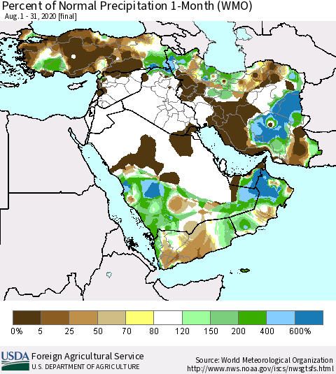 Middle East and Turkey Percent of Normal Precipitation 1-Month (WMO) Thematic Map For 8/1/2020 - 8/31/2020