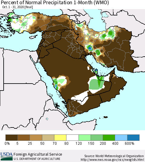 Middle East and Turkey Percent of Normal Precipitation 1-Month (WMO) Thematic Map For 10/1/2020 - 10/31/2020