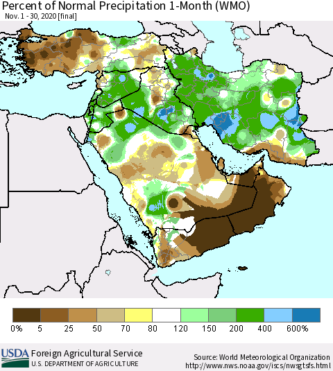 Middle East and Turkey Percent of Normal Precipitation 1-Month (WMO) Thematic Map For 11/1/2020 - 11/30/2020