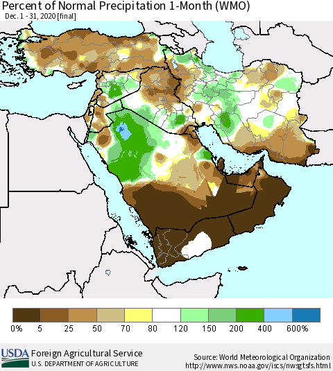 Middle East and Turkey Percent of Normal Precipitation 1-Month (WMO) Thematic Map For 12/1/2020 - 12/31/2020