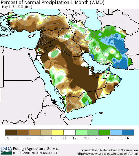 Middle East and Turkey Percent of Normal Precipitation 1-Month (WMO) Thematic Map For 5/1/2021 - 5/31/2021