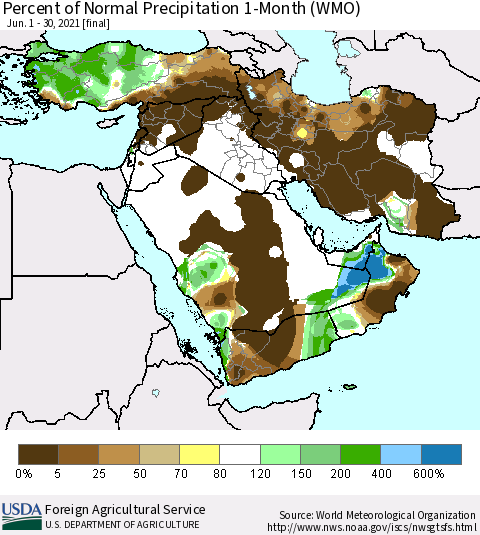 Middle East and Turkey Percent of Normal Precipitation 1-Month (WMO) Thematic Map For 6/1/2021 - 6/30/2021