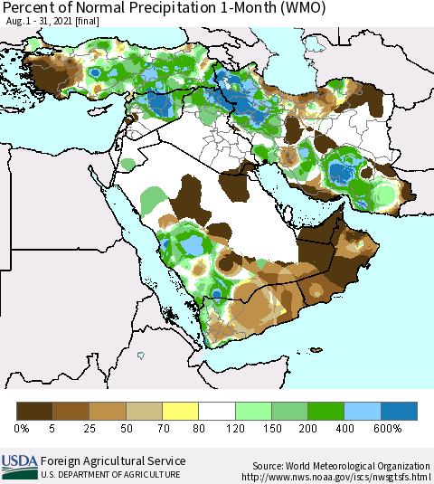 Middle East and Turkey Percent of Normal Precipitation 1-Month (WMO) Thematic Map For 8/1/2021 - 8/31/2021