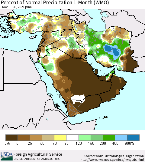Middle East and Turkey Percent of Normal Precipitation 1-Month (WMO) Thematic Map For 11/1/2021 - 11/30/2021