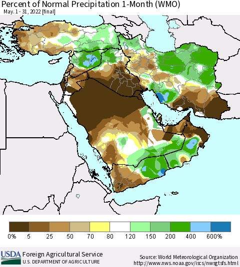 Middle East and Turkey Percent of Normal Precipitation 1-Month (WMO) Thematic Map For 5/1/2022 - 5/31/2022