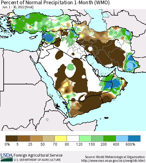 Middle East and Turkey Percent of Normal Precipitation 1-Month (WMO) Thematic Map For 6/1/2022 - 6/30/2022