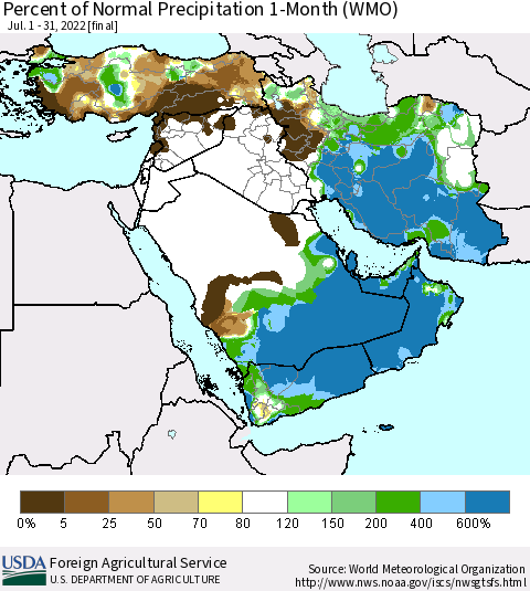 Middle East and Turkey Percent of Normal Precipitation 1-Month (WMO) Thematic Map For 7/1/2022 - 7/31/2022