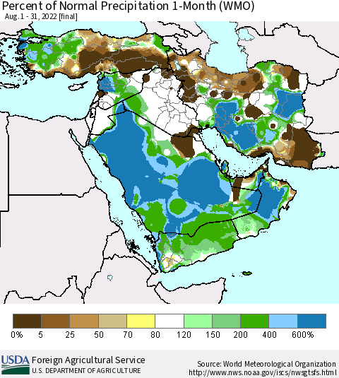 Middle East and Turkey Percent of Normal Precipitation 1-Month (WMO) Thematic Map For 8/1/2022 - 8/31/2022