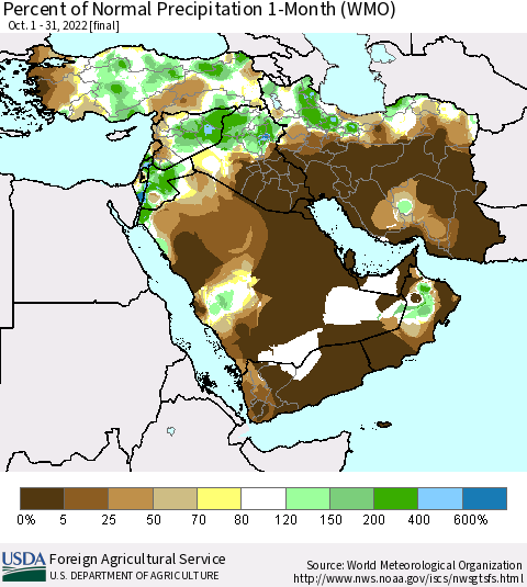 Middle East and Turkey Percent of Normal Precipitation 1-Month (WMO) Thematic Map For 10/1/2022 - 10/31/2022