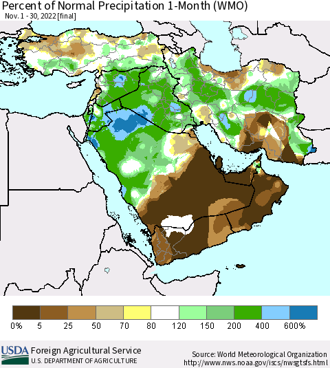 Middle East and Turkey Percent of Normal Precipitation 1-Month (WMO) Thematic Map For 11/1/2022 - 11/30/2022