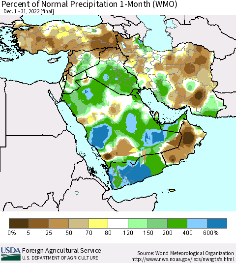 Middle East and Turkey Percent of Normal Precipitation 1-Month (WMO) Thematic Map For 12/1/2022 - 12/31/2022