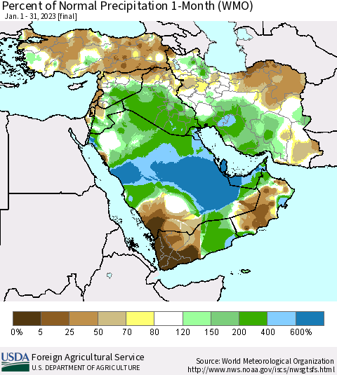 Middle East and Turkey Percent of Normal Precipitation 1-Month (WMO) Thematic Map For 1/1/2023 - 1/31/2023