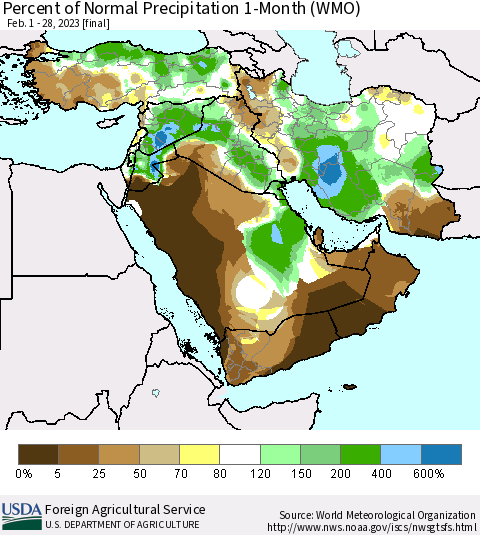 Middle East and Turkey Percent of Normal Precipitation 1-Month (WMO) Thematic Map For 2/1/2023 - 2/28/2023