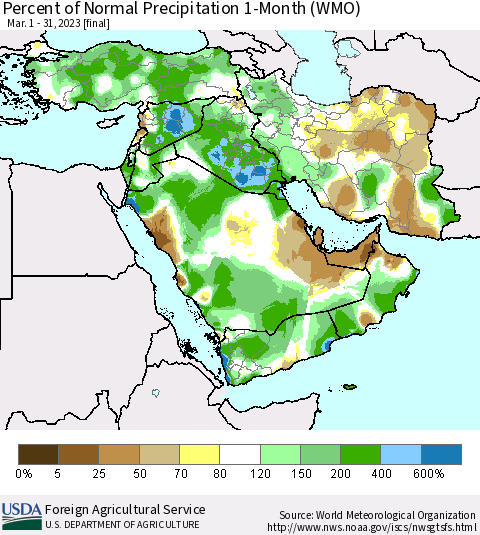 Middle East and Turkey Percent of Normal Precipitation 1-Month (WMO) Thematic Map For 3/1/2023 - 3/31/2023