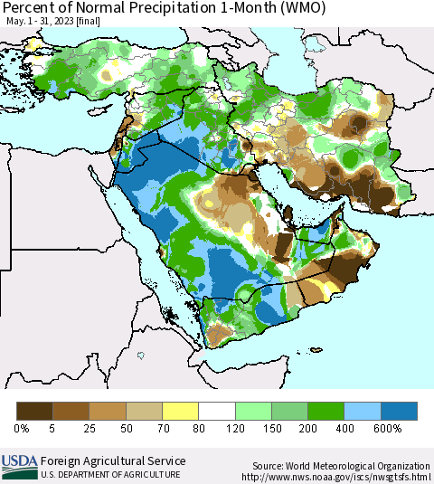 Middle East and Turkey Percent of Normal Precipitation 1-Month (WMO) Thematic Map For 5/1/2023 - 5/31/2023