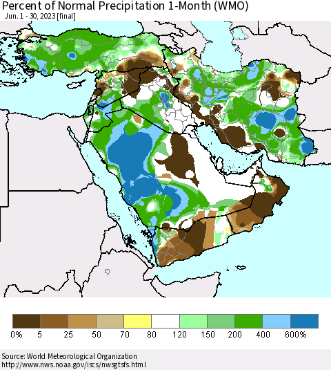 Middle East and Turkey Percent of Normal Precipitation 1-Month (WMO) Thematic Map For 6/1/2023 - 6/30/2023