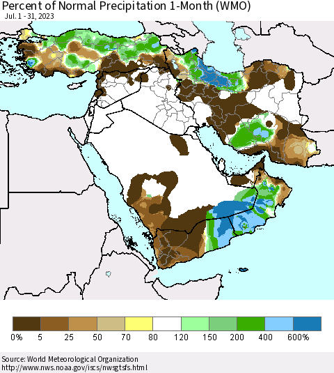 Middle East and Turkey Percent of Normal Precipitation 1-Month (WMO) Thematic Map For 7/1/2023 - 7/31/2023