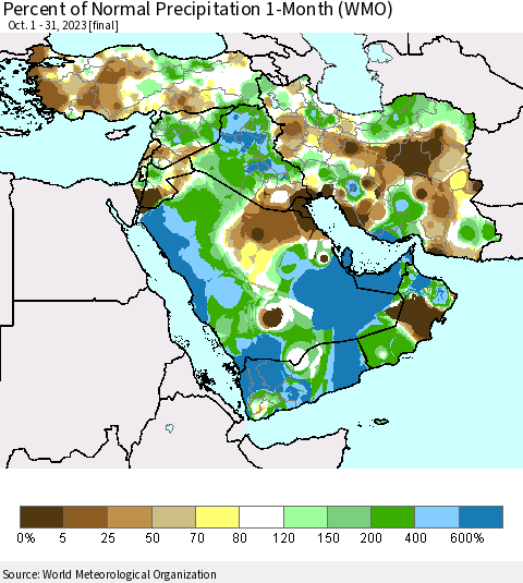 Middle East and Turkey Percent of Normal Precipitation 1-Month (WMO) Thematic Map For 10/1/2023 - 10/31/2023