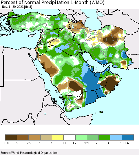 Middle East and Turkey Percent of Normal Precipitation 1-Month (WMO) Thematic Map For 11/1/2023 - 11/30/2023