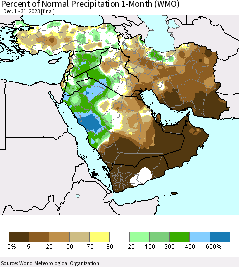 Middle East and Turkey Percent of Normal Precipitation 1-Month (WMO) Thematic Map For 12/1/2023 - 12/31/2023