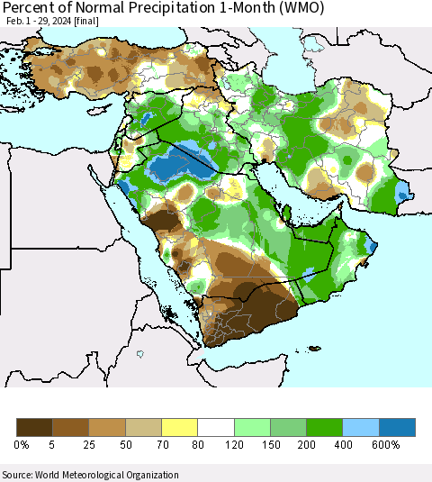 Middle East and Turkey Percent of Normal Precipitation 1-Month (WMO) Thematic Map For 2/1/2024 - 2/29/2024