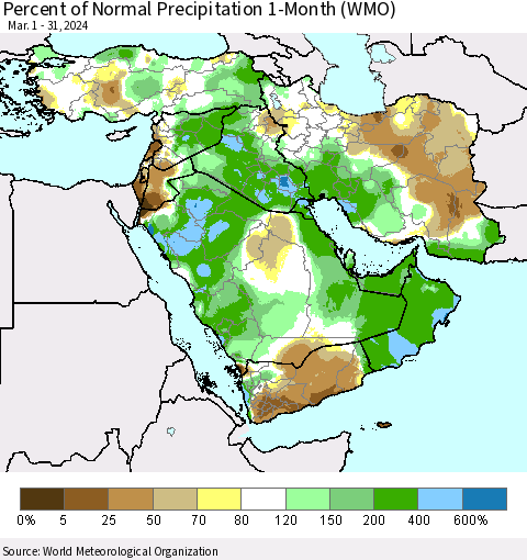 Middle East and Turkey Percent of Normal Precipitation 1-Month (WMO) Thematic Map For 3/1/2024 - 3/31/2024