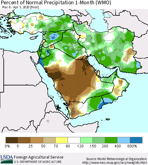 Middle East and Turkey Percent of Normal Precipitation 1-Month (WMO) Thematic Map For 3/6/2020 - 4/5/2020