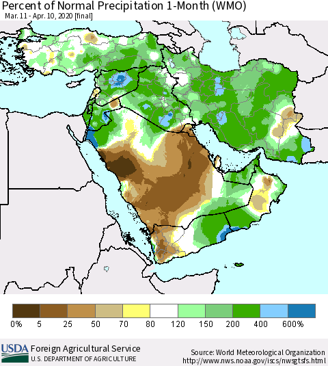 Middle East and Turkey Percent of Normal Precipitation 1-Month (WMO) Thematic Map For 3/11/2020 - 4/10/2020