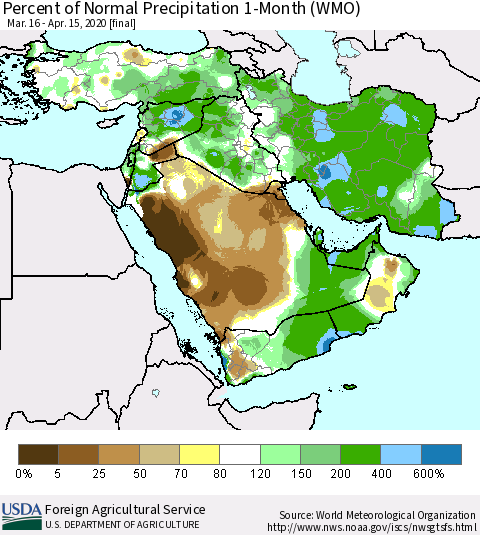 Middle East and Turkey Percent of Normal Precipitation 1-Month (WMO) Thematic Map For 3/16/2020 - 4/15/2020