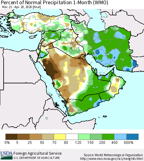 Middle East and Turkey Percent of Normal Precipitation 1-Month (WMO) Thematic Map For 3/21/2020 - 4/20/2020