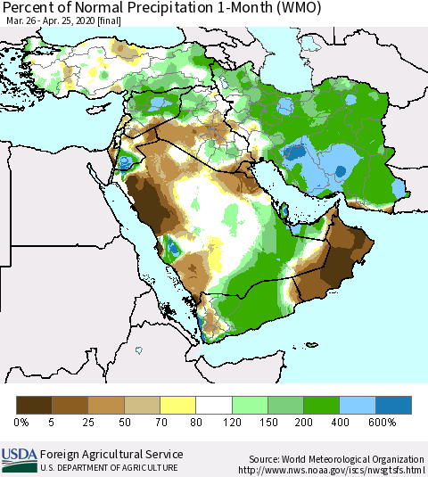 Middle East and Turkey Percent of Normal Precipitation 1-Month (WMO) Thematic Map For 3/26/2020 - 4/25/2020