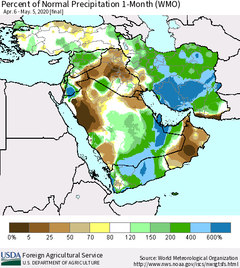Middle East and Turkey Percent of Normal Precipitation 1-Month (WMO) Thematic Map For 4/6/2020 - 5/5/2020