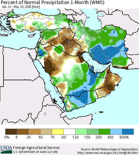 Middle East and Turkey Percent of Normal Precipitation 1-Month (WMO) Thematic Map For 4/11/2020 - 5/10/2020