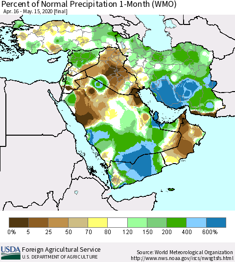 Middle East and Turkey Percent of Normal Precipitation 1-Month (WMO) Thematic Map For 4/16/2020 - 5/15/2020