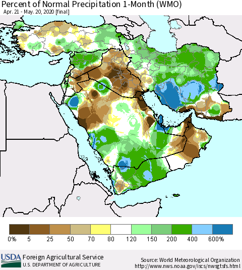 Middle East and Turkey Percent of Normal Precipitation 1-Month (WMO) Thematic Map For 4/21/2020 - 5/20/2020