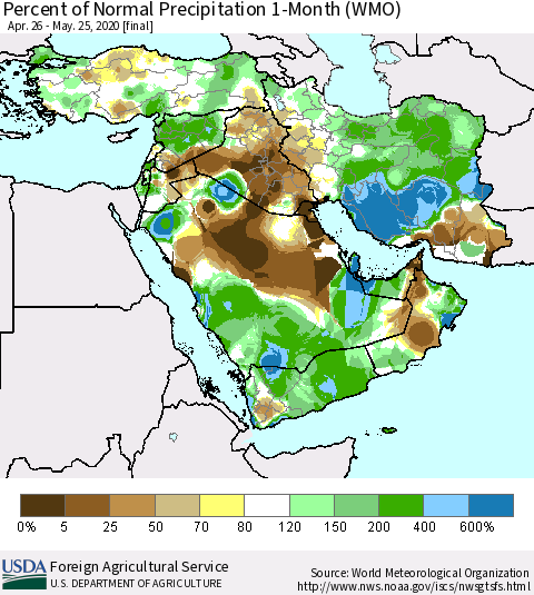 Middle East and Turkey Percent of Normal Precipitation 1-Month (WMO) Thematic Map For 4/26/2020 - 5/25/2020