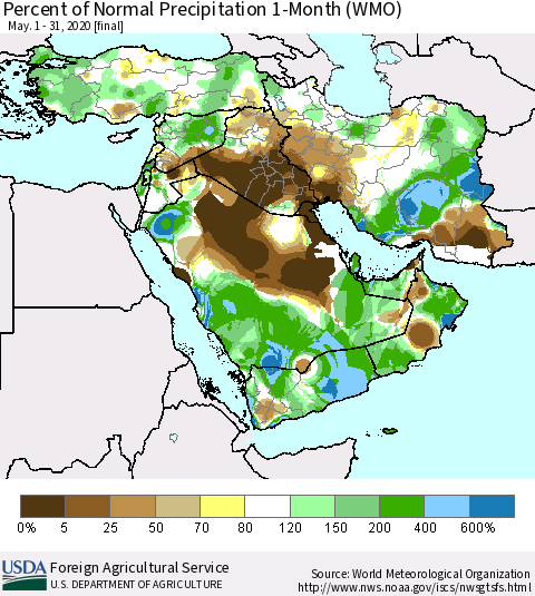 Middle East and Turkey Percent of Normal Precipitation 1-Month (WMO) Thematic Map For 5/1/2020 - 5/31/2020