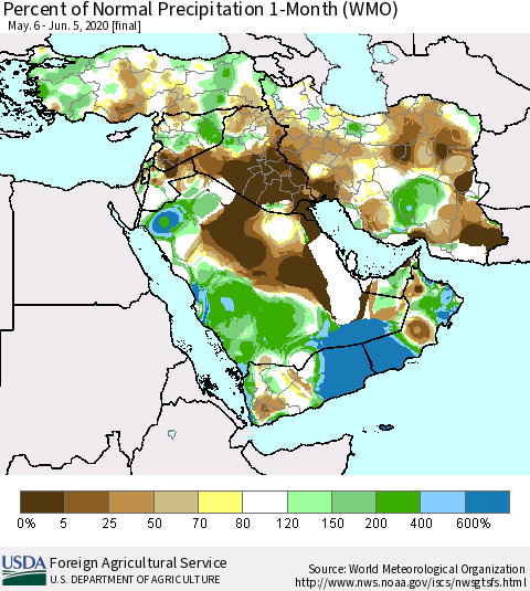 Middle East and Turkey Percent of Normal Precipitation 1-Month (WMO) Thematic Map For 5/6/2020 - 6/5/2020