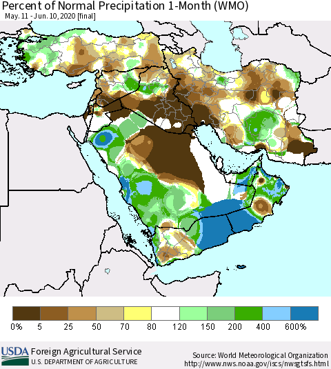 Middle East and Turkey Percent of Normal Precipitation 1-Month (WMO) Thematic Map For 5/11/2020 - 6/10/2020