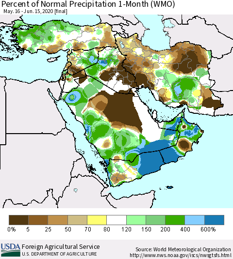 Middle East and Turkey Percent of Normal Precipitation 1-Month (WMO) Thematic Map For 5/16/2020 - 6/15/2020