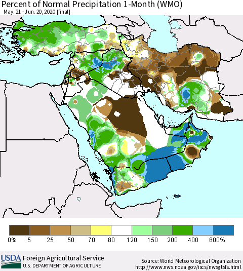 Middle East and Turkey Percent of Normal Precipitation 1-Month (WMO) Thematic Map For 5/21/2020 - 6/20/2020