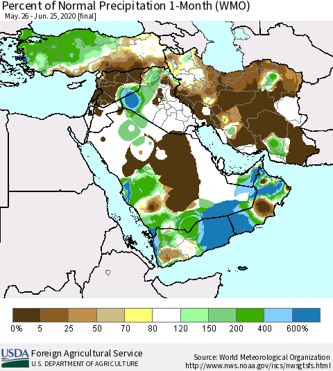 Middle East and Turkey Percent of Normal Precipitation 1-Month (WMO) Thematic Map For 5/26/2020 - 6/25/2020