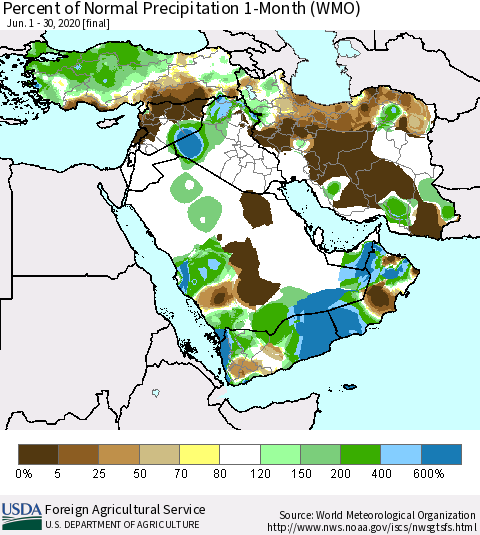Middle East and Turkey Percent of Normal Precipitation 1-Month (WMO) Thematic Map For 6/1/2020 - 6/30/2020