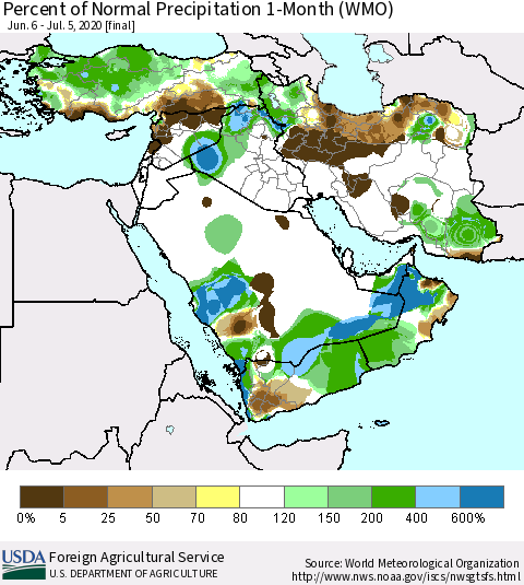 Middle East and Turkey Percent of Normal Precipitation 1-Month (WMO) Thematic Map For 6/6/2020 - 7/5/2020