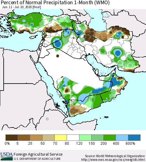 Middle East and Turkey Percent of Normal Precipitation 1-Month (WMO) Thematic Map For 6/11/2020 - 7/10/2020