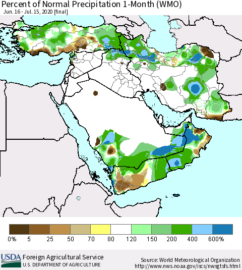 Middle East and Turkey Percent of Normal Precipitation 1-Month (WMO) Thematic Map For 6/16/2020 - 7/15/2020