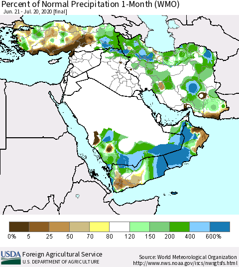 Middle East and Turkey Percent of Normal Precipitation 1-Month (WMO) Thematic Map For 6/21/2020 - 7/20/2020
